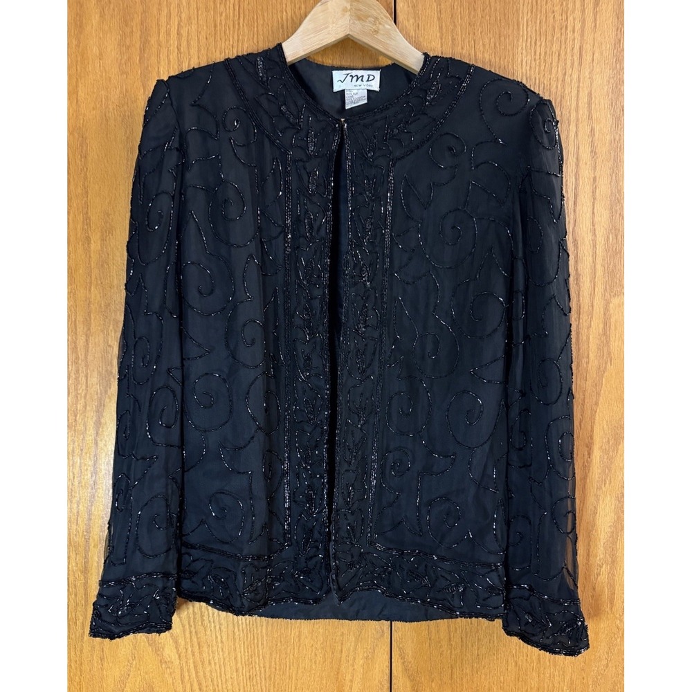 VTG JMD New York Beaded Jacket Petite M Black Open Front Top Sheer Lined Glamour